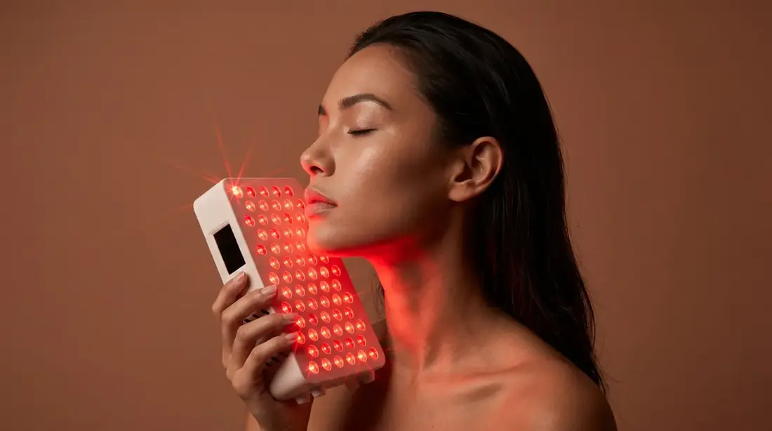 A woman holding a red light therapy panel to her jaw